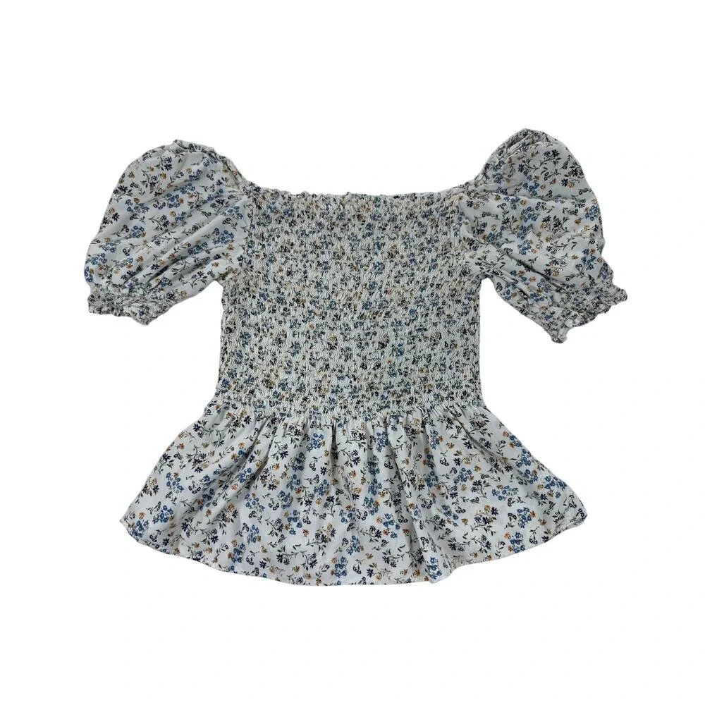 Max Studio Floral Smocked‎ Peplum Top Blue White Puff Sleeve Mens M